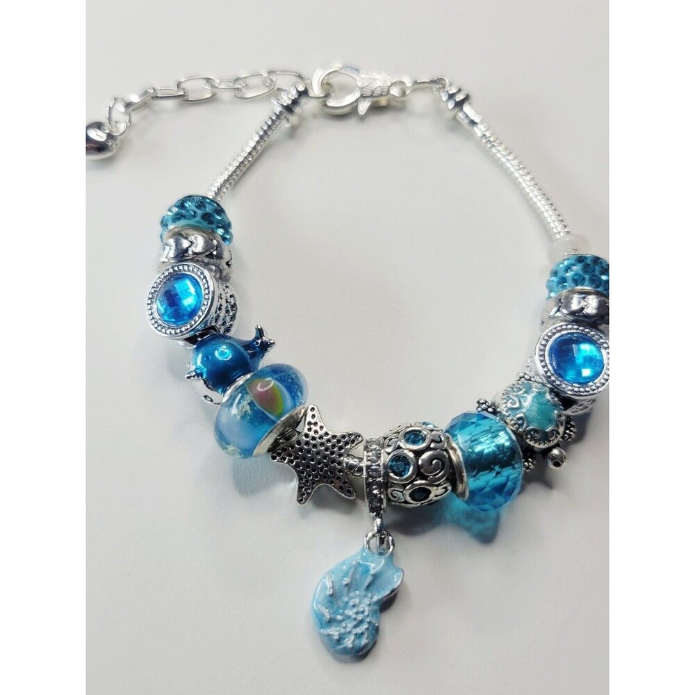 NWT S925 Pandora Style Charm Bracelet Nautilus Shell, Aqua Blue Ocean Charms